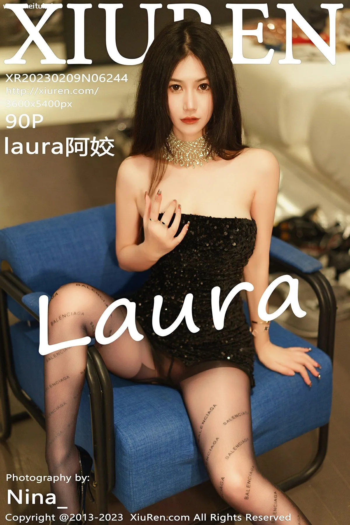 [XiuRen秀人网] 2023.02.09 No.6244 laura阿姣 黑色连衣短裙魅惑黑丝性感写真 [90P]-美腿之家